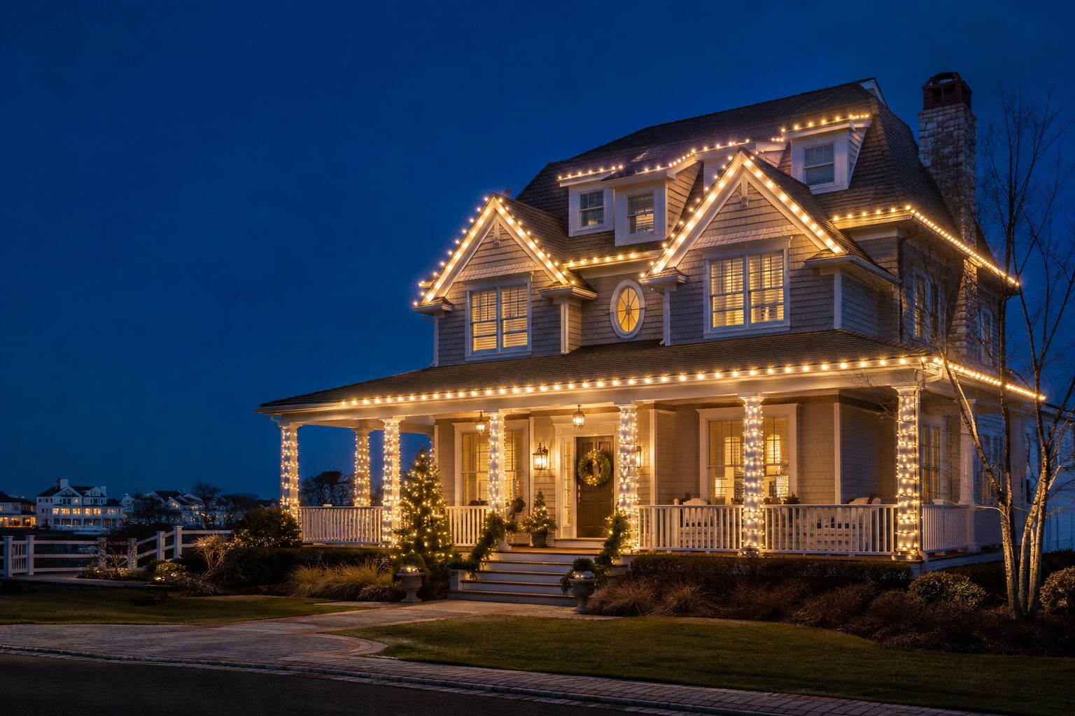 Two-story house decorated with white holiday lights along roof, porch, and columns at dusk, with wreath at the door.
