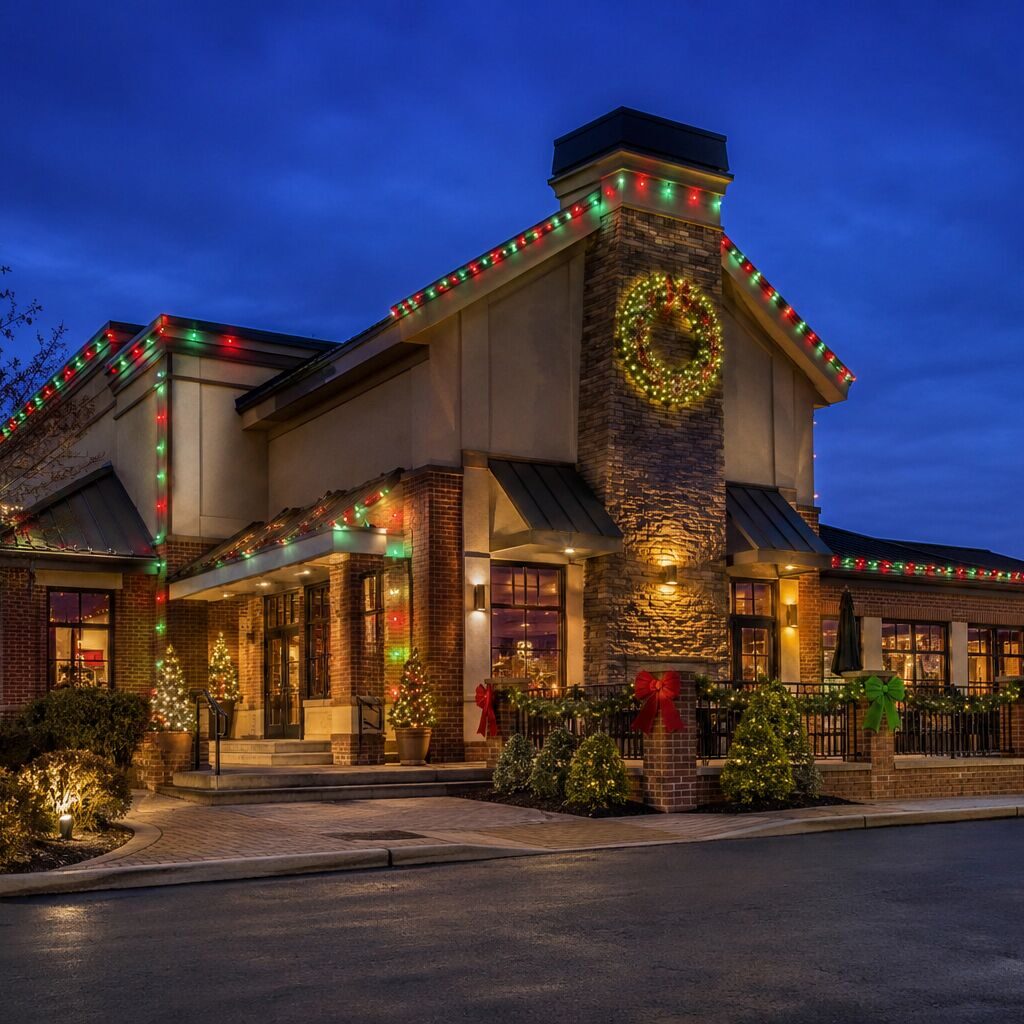 Restaurant exterior at dusk decorated with colorful Christmas lights along the roofline and around columns, with a glowing wreath on the chimney and small lit trees outside.