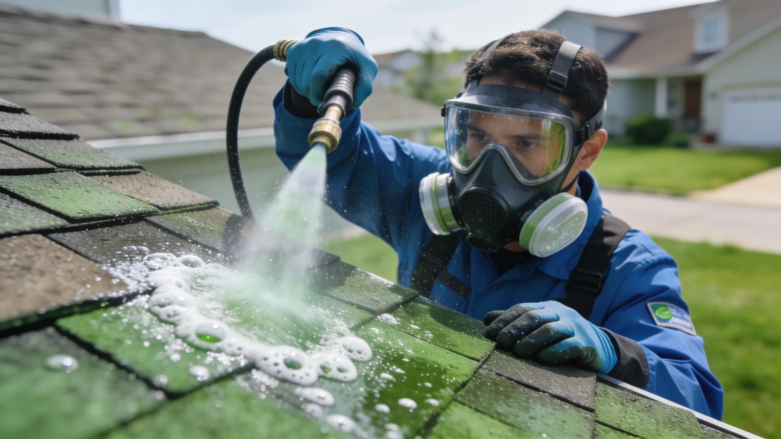 Technician performing soft wash roof cleaning technique with eco-friendly agents